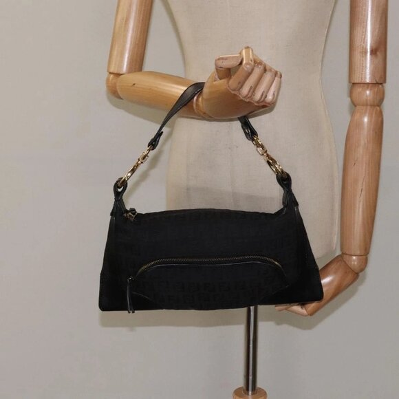 FENDI Zucchino Canvas Hand Bag Black Gold Auth - Picture 1 of 16